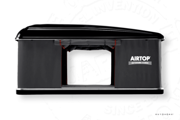 Opened Airtop roof tent hard shell from Autohome in black from the side