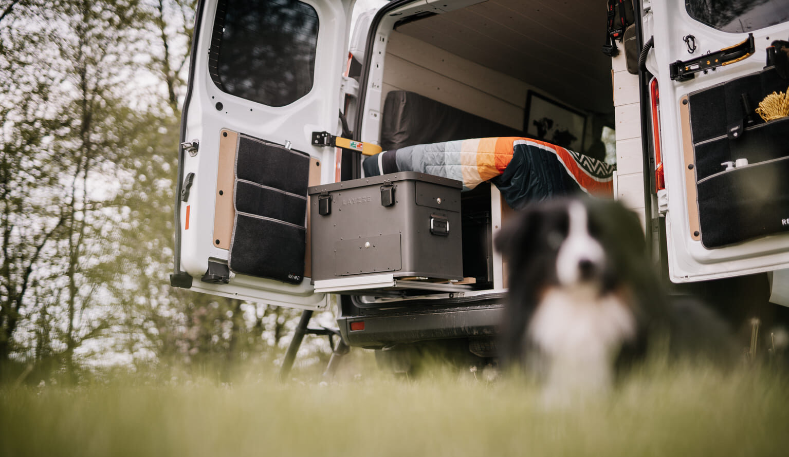 Campervan mit Auszug im Kofferraum mit Küche Layzee Kitchenbox und Hund